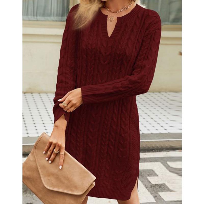 Women's Autumn/winter Twisted Flower Medium Length Solid Color Split Loose Pullover V-neck Sweater Dress