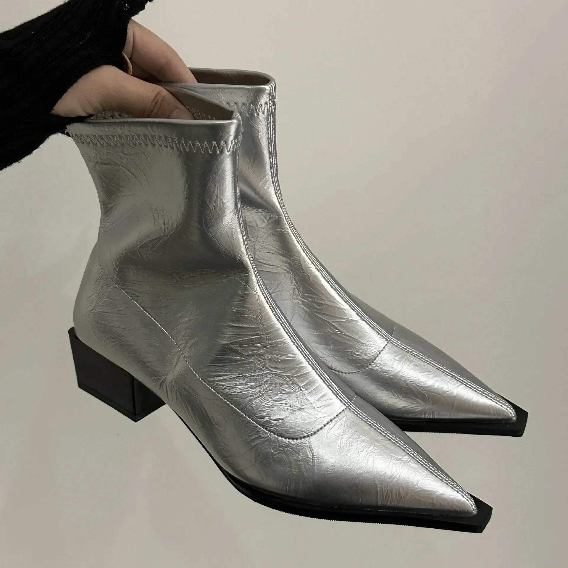 

Pointed Toe Booties Women 2026 New Autumn and Winter High Heels French Block Heel High-end Ankle Boots 35 серебряный
