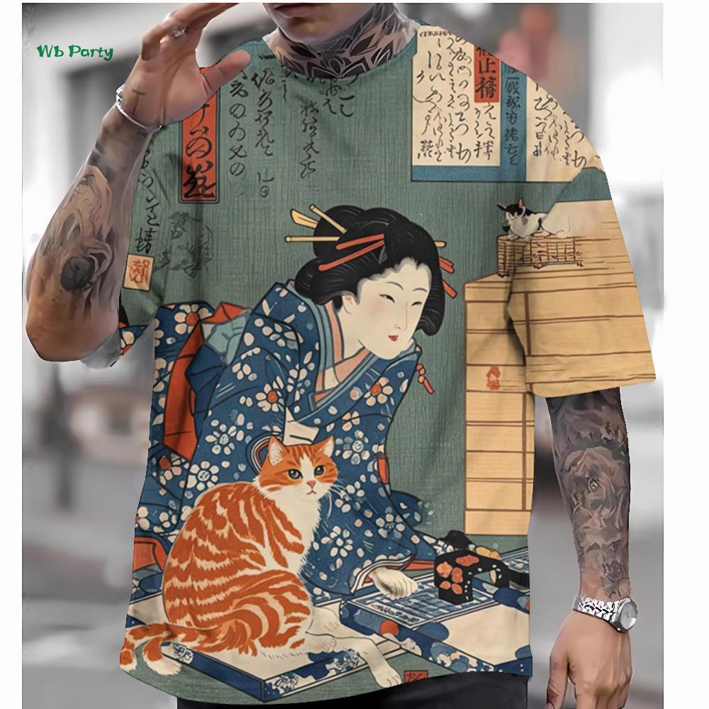 Japanese Style Men's T-Shirt 3D Ukiyo-E Pattern Short Sleeve T-Shirt Oversized Casual Tops Summer Men's Outdoor Casual Clothing