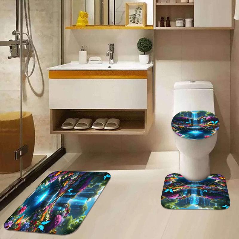 1/4PcsModern Bathroom Set Waterproof Shower Curtain with Anti Slip Mat Rug and Toilet Cover Machine Washable Polyester Bath Decor with Hooks