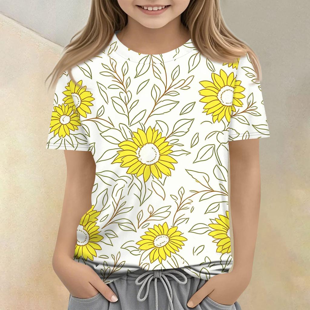 Girls Floral Print Short Sleeve T Shirt Casual Loose Fit Crew Neck Top Lightweight Comfortable Summer Tee for Kids