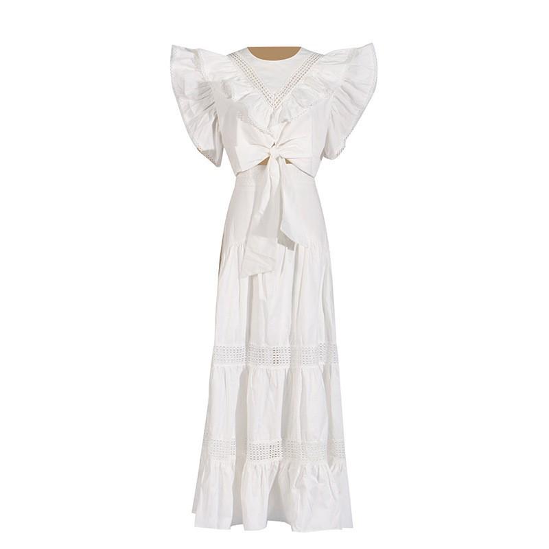 

2056 Feifei Sleeves Lace Slim Short Top Bow + Skirt Two-piece Suit Women XL білий