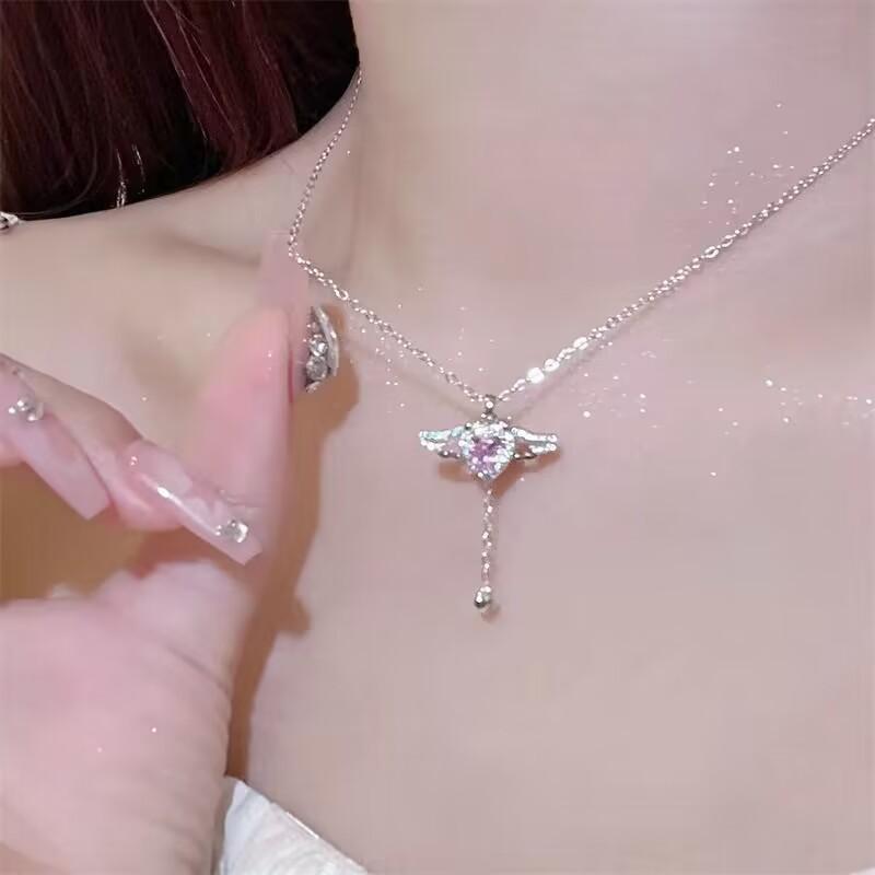 Sweet Cupid Heart Necklace Premium Light Luxury Angel Pendant Female Clavicle Chain Qixi Festival Gift for Girlfriend