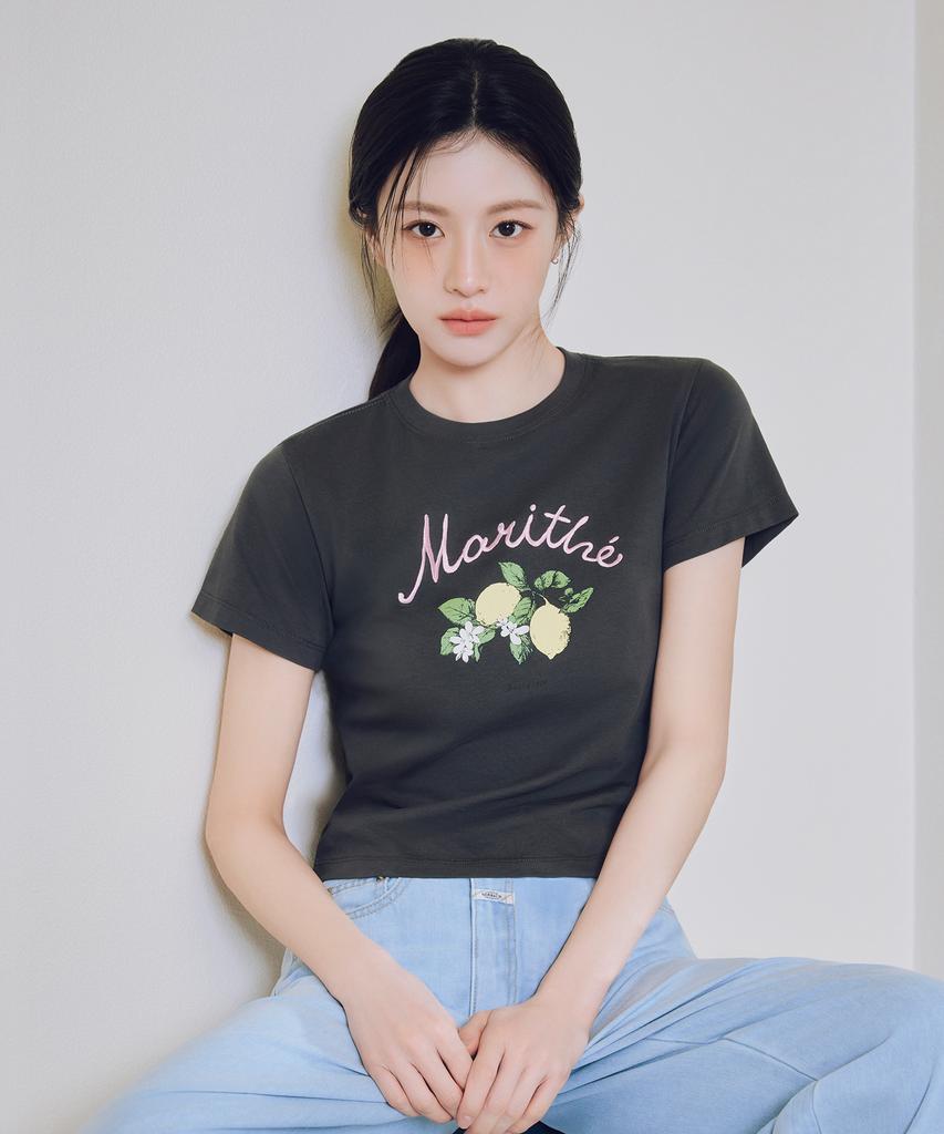 Malittepeulangsowajeobeo W Lemon Graphic Slim Crop Tee Charcoal