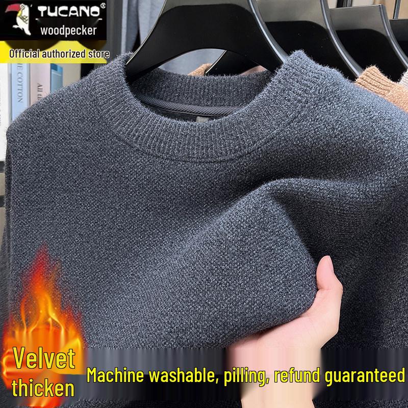Woodpecker Men's Plus Velvet Thick Knit Sweater - Autumn/Winter Round Neck Long Sleeve Sable Velvet Warm Base Layer.