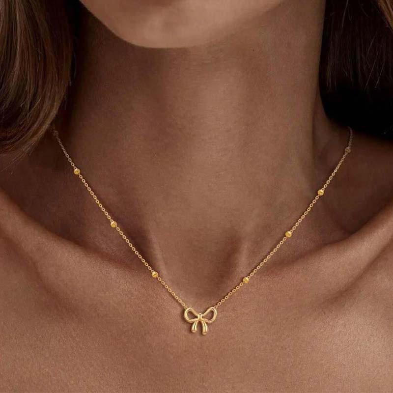 

Fashion Gold Color Bowknot Pendant Necklace For Women Simple Metal Round Beaded Chain Necklaces Zircon Valentine s Day Gift