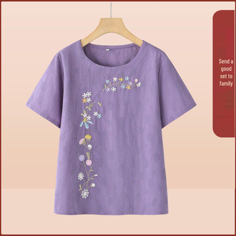 Summer Embroidered Two-Piece Home Set for Mature Women - Thin Cotton & Linen