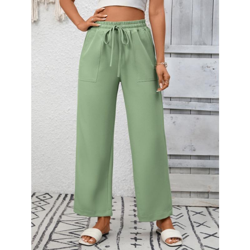 Summer New Women's Casual Drawstring Flowing Trousers Wide Leg Pants with Pockets