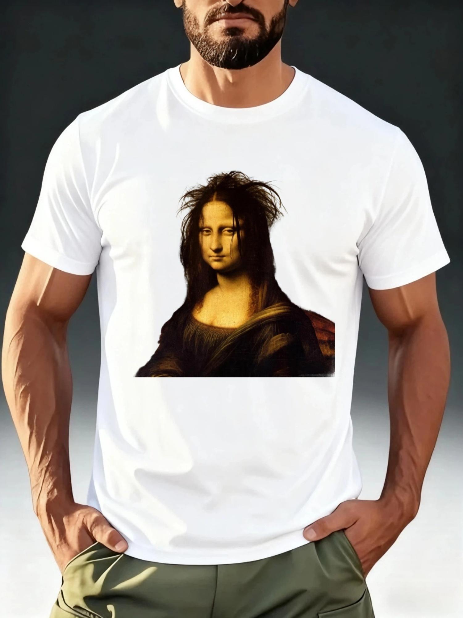 Men S Quirky Art Style T-Shirt Featuring a Mona Lisa Meme Theme with a Humorous Print of Frizzy Mona Lisa L