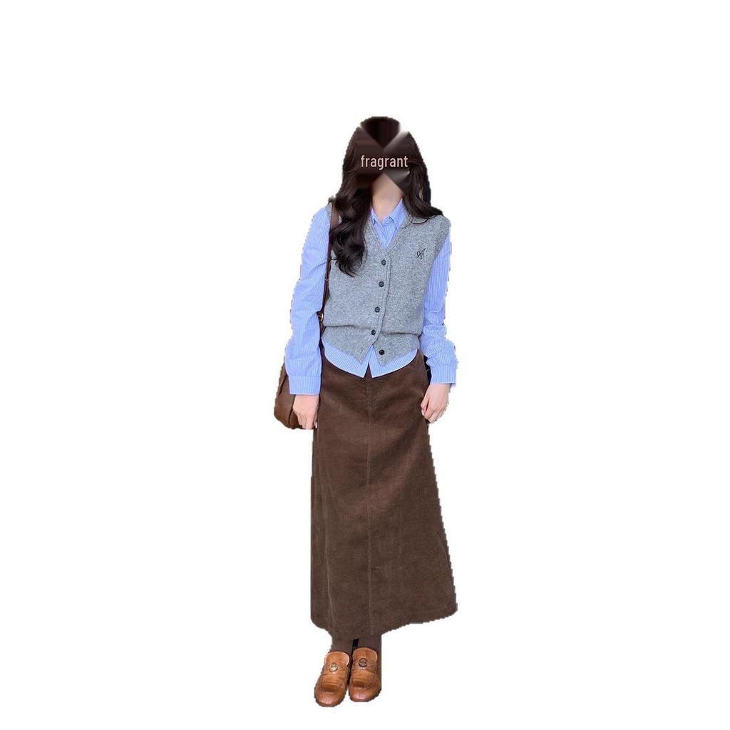 Korean Style Coffee Corduroy Long Skirt - Elegant, Slimming, Body-Shaping A-Line for Autumn & Winter