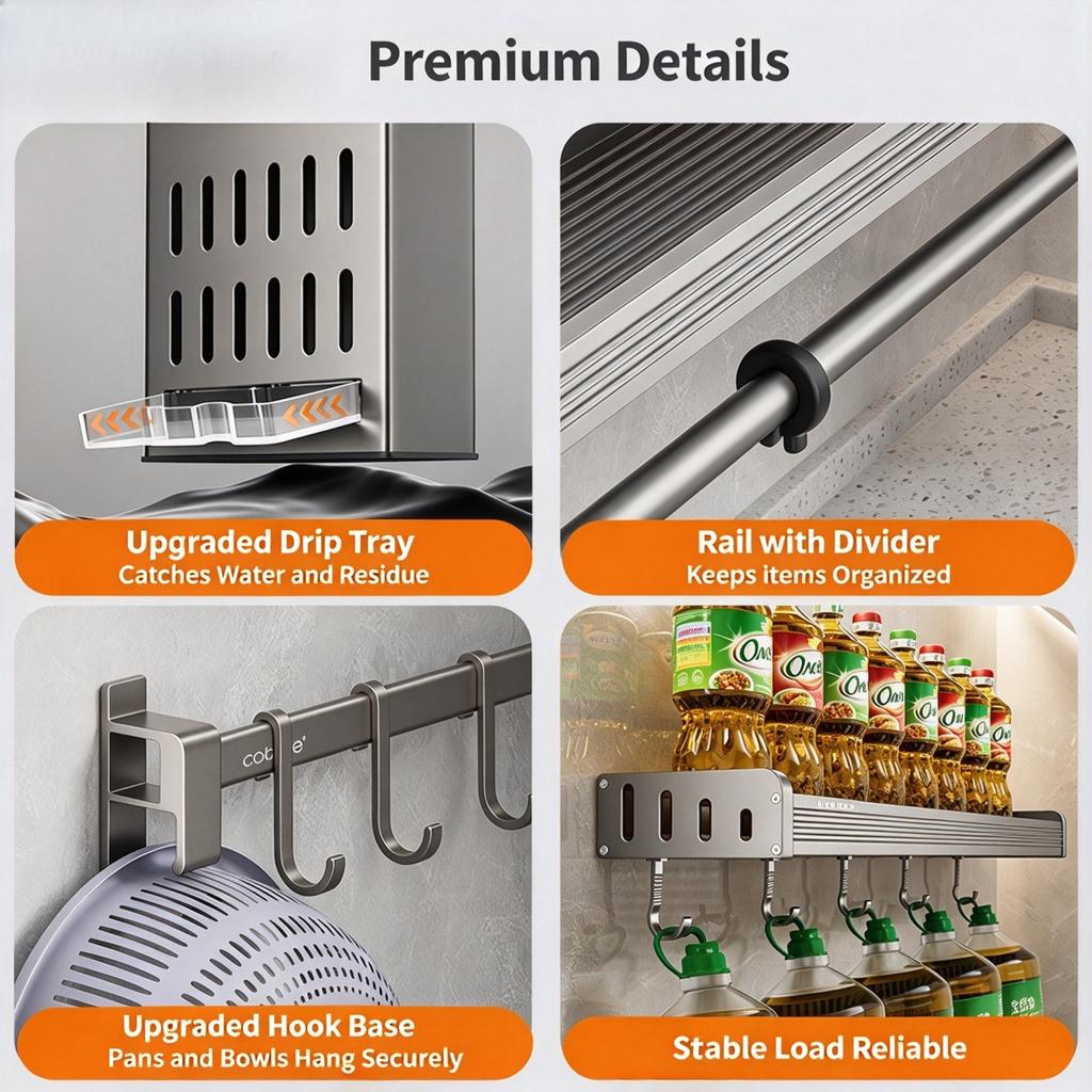 Kitchen Storage Rack Wall Mounted Knife Holder & Spice Organizer Multi-functional Seasoning Storage Shelf for Home No Drilling