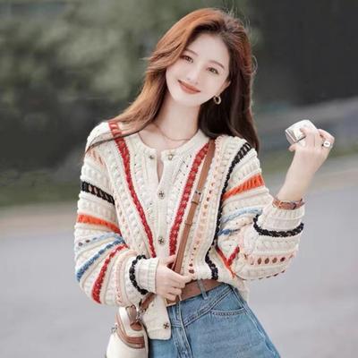 2025 New Rainbow Color Cardigan Women Sweater Autumn Sweet Fashion Elegant O Neck Knit Coats Hollow Crochet Casual Loose Long Sleeve Jacket Clothing