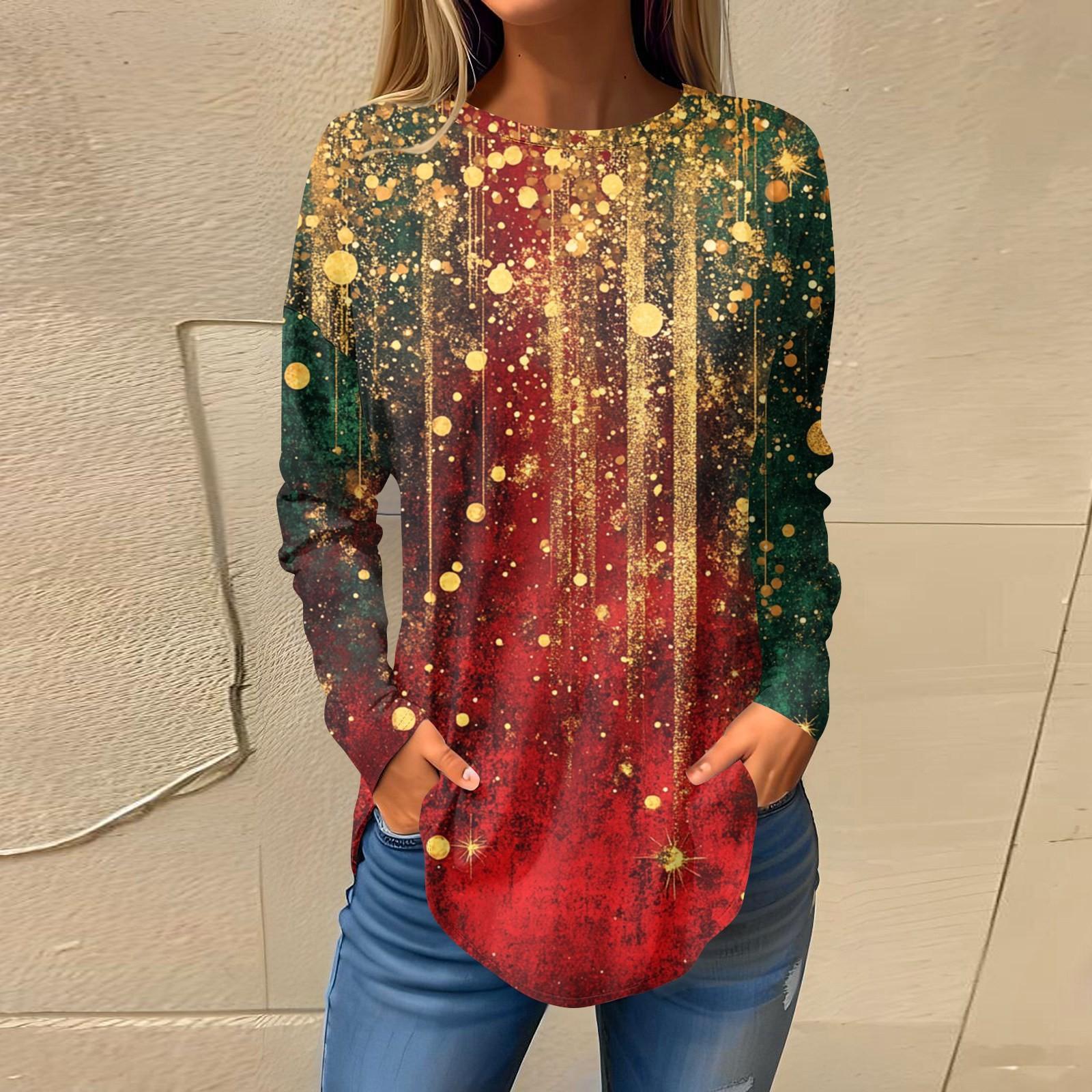 

Футболки для женщин, осенние повседневные рубашки с длинным рукавом, толстовки с винтажным графическим принтом, топы, пуловеры, рождественские S винный