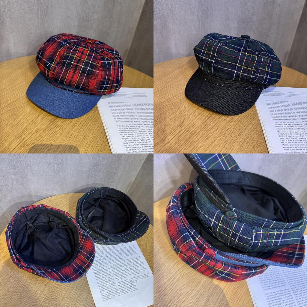 Cotton Twill Retro Spliced Checkered Beret Cap With Curved Brim For Casual Wear