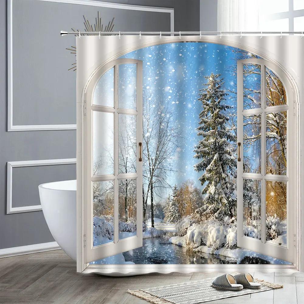 Winter Landscape Shower Curtain Outside The Window Cedar Snow Scene Bathroom Curtain Decor Waterproof Fabric Bathtub Screen