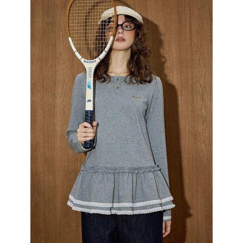 Coolhut Solid Color Simple Versatile Slimming Design with Lace Trim Round Neck 2025 New Women's T-Shirt