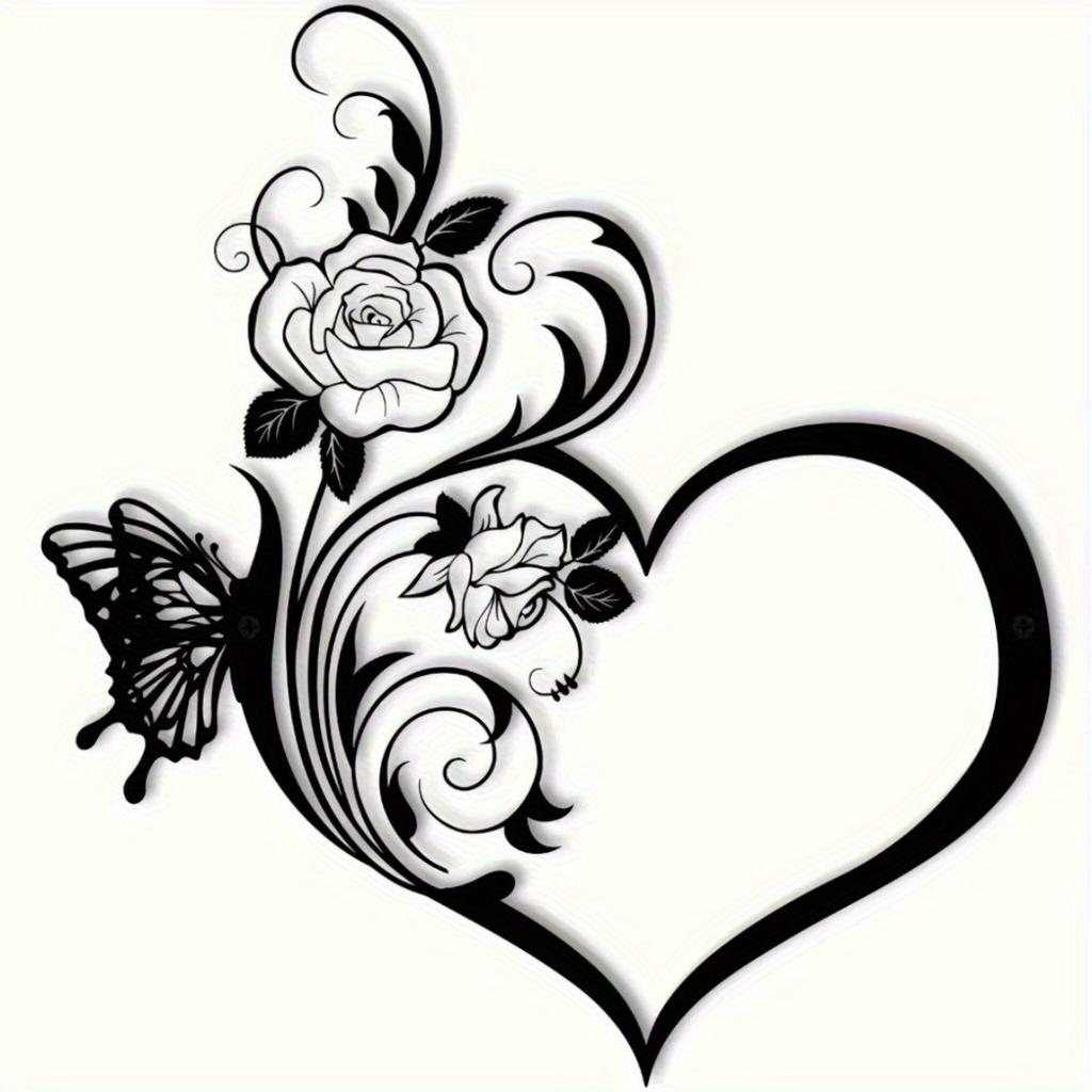 1pc Metal Rose Butterfly Love Wall Art Black Heart Shape Home Decor Sign