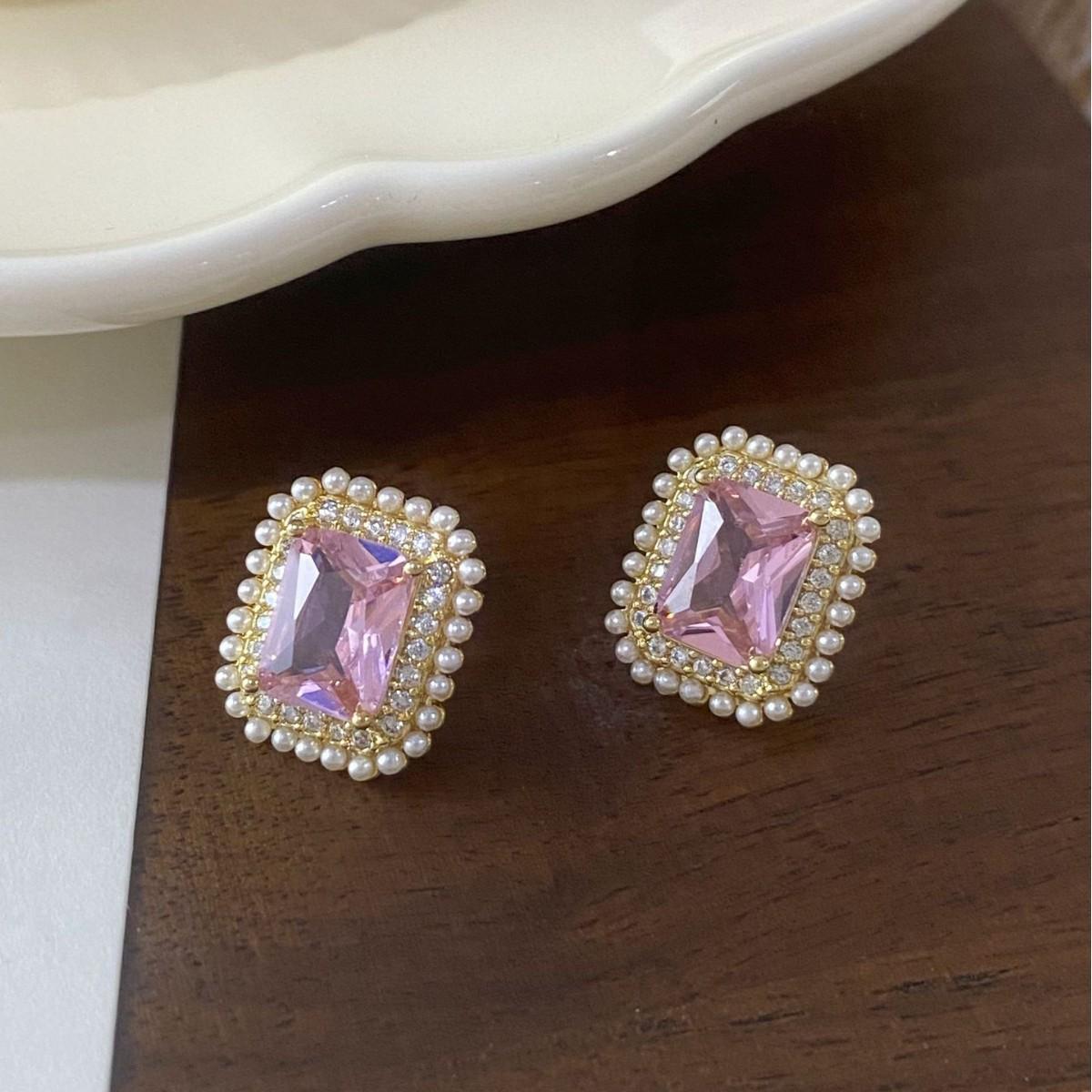 French Light Luxury Pink Cubic Zirconia & Pearl Square Stud Earrings - Elegant High-End Jewelry