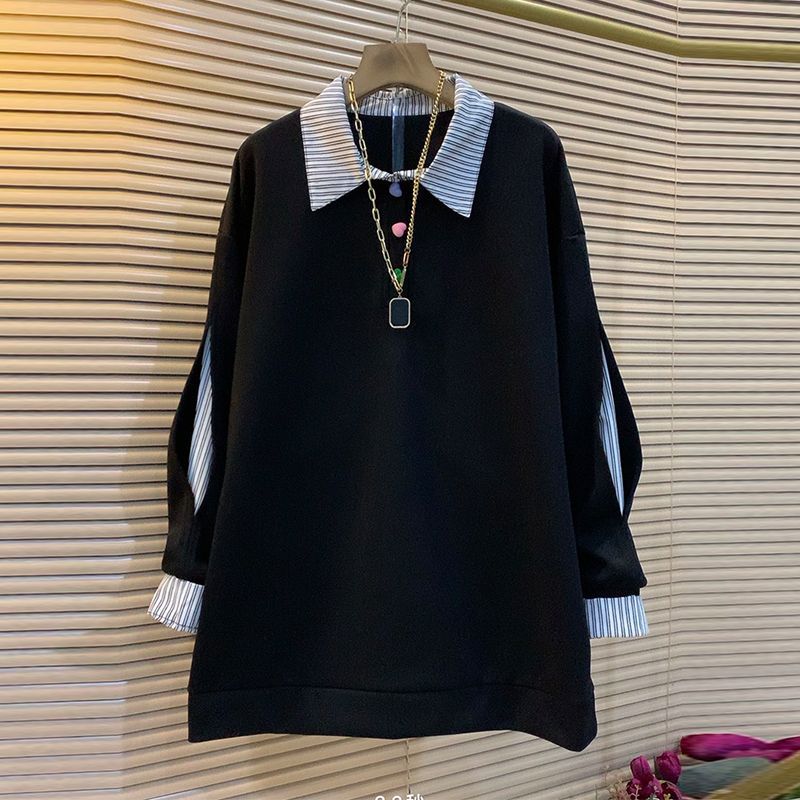 Spring and Autumn Striped Splicing Loose Slim Mid-Length Top Versatile Design Sweatshirt M