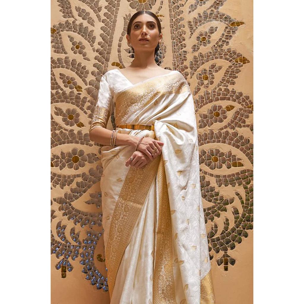 RSINC Women's Banarasi Patola Silk Blend Saree with Blouse Piece Colour White B099NWXGD9