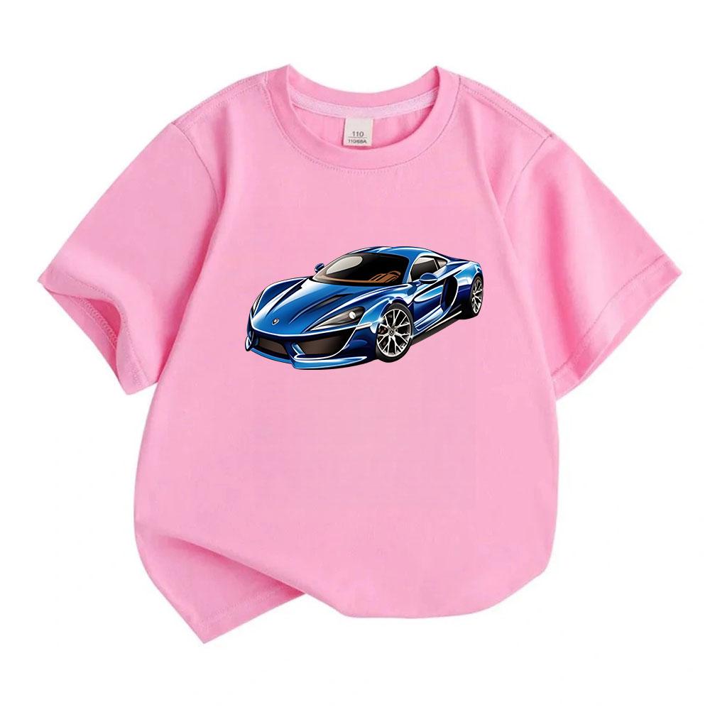Kids Boys Girls Crew Neck Short Sleeve 100% Cotton T-Shirt, Cool Blue Sports Racing Super Car Print Casual Tees for Toddlers Children Daily Wear Summe