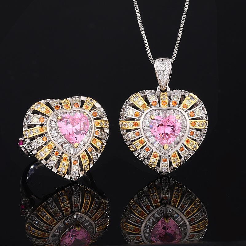 New Huameimei Style Fashion Simulation Red Corundum Powder Zirconium Golden Heart Shaped Set Jewelry Light Luxury Women