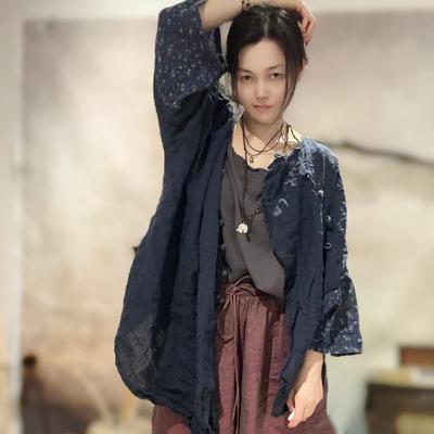 Women Shirts Vintage Solid Color Tops V-Neck Long Sleeve Autumn Patchwork Button Chinese Style Shirts