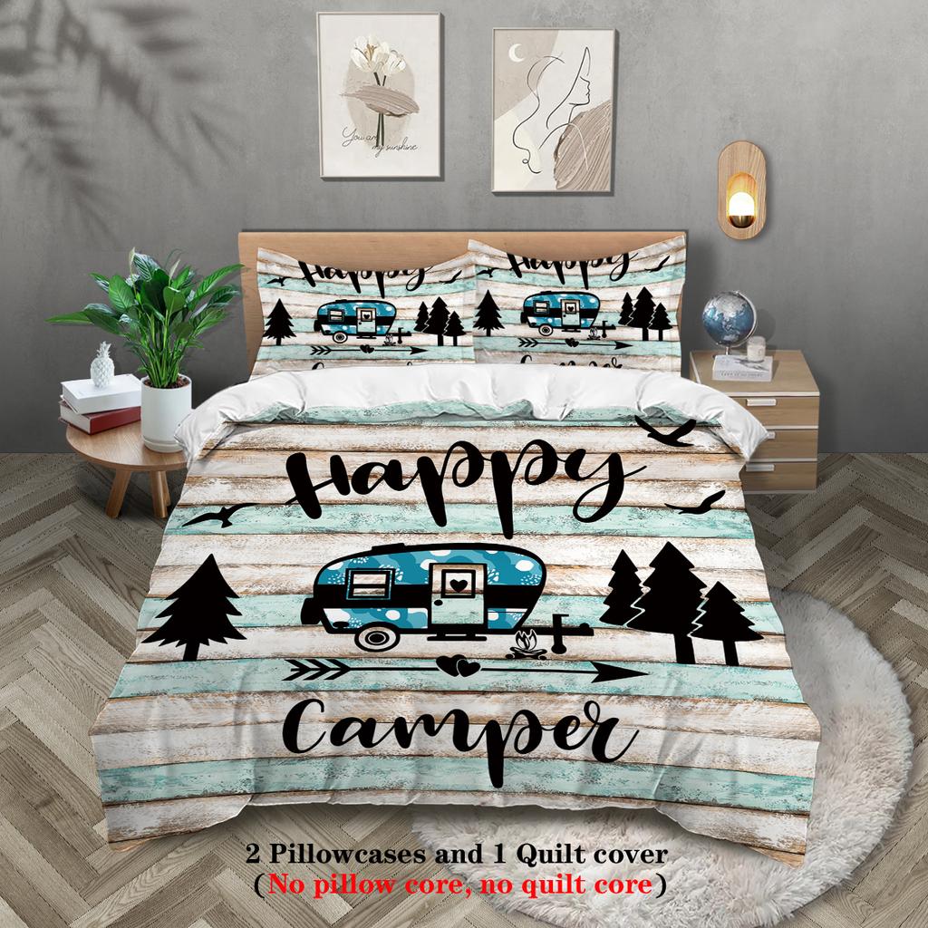 3-piece set,happy camper and forest pattern printed bedding set, queen, king, double bed, party  funny and creative bedding set