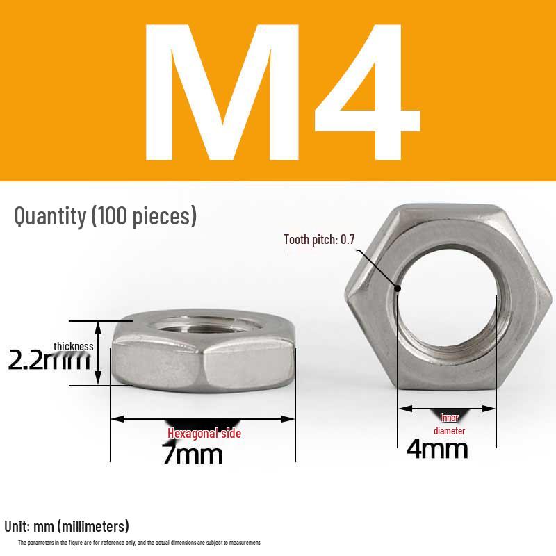 304 Stainless Steel Hex Thin Nut Cap - Sizes M2.5 to M20