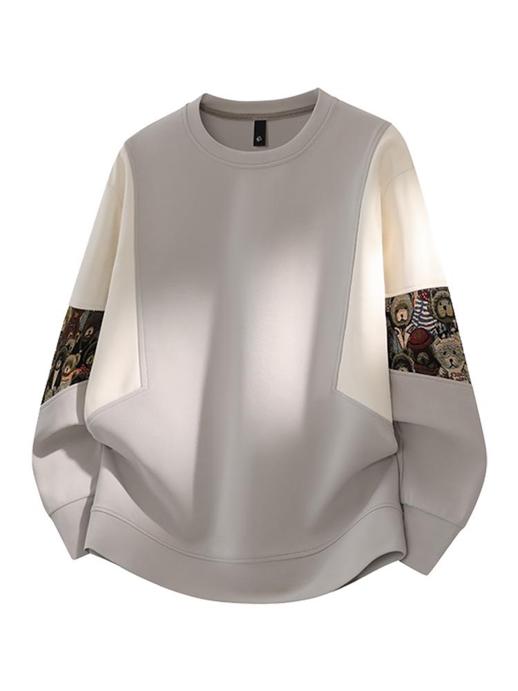 ACU Menswear Fleece-Lined Men's Sweatshirt - Autumn/Winter 2026, Bear Sleeve Patchwork, Jacquard, Round Neck, Color Block Design