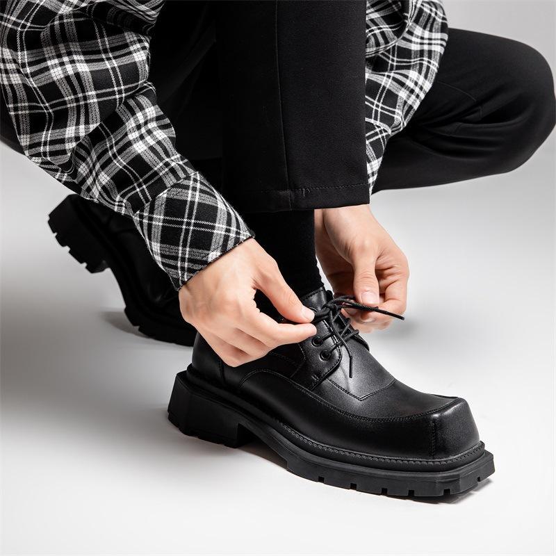 New Square Head Derby Shoes Men's Business Casual Retro Original Niche Design Thick Sole Heightening Ins Small Leather Shoes