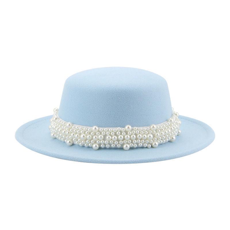Top Hat Short Brim Hepburn Style British Style Small Round Tibetan High-end Jazz Hat Versatile Flat Top Felt Hat Pearl Premium New