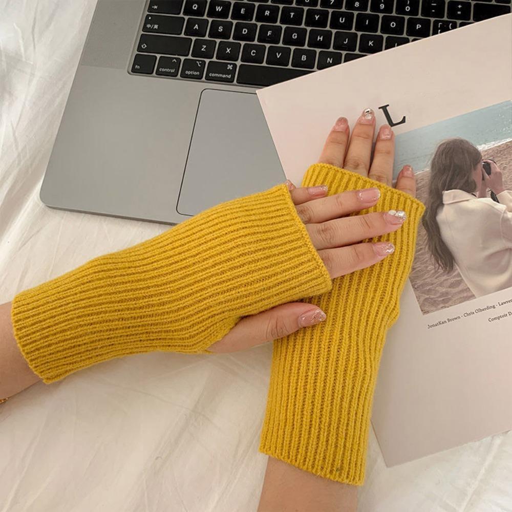 

Fashion Thick Warm Knitted Gloves Solid Color Elastic Half Finger Mitten Soft Wrist Sleeves Winter Warmer жовтий