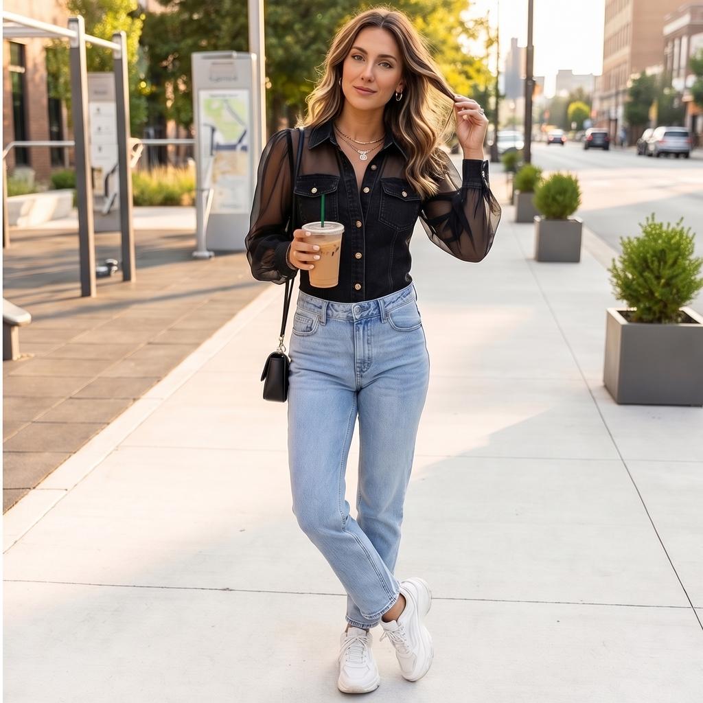 Womens Spring Tops Button Down Denim Shirt with Sheer Long Sleeves Summer Shirts for Women Casual Style Dressy Tops for Women
