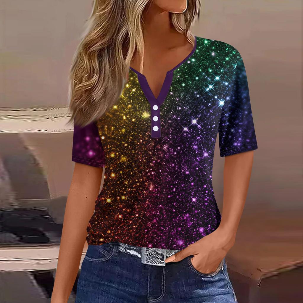 Damen-T-Shirt, T-Shirt, bedruckt, Knopfleiste, kurzärmelig, für den Alltag, Wochenende, modisch, Basic, V-Ausschnitt, normales Oberteil