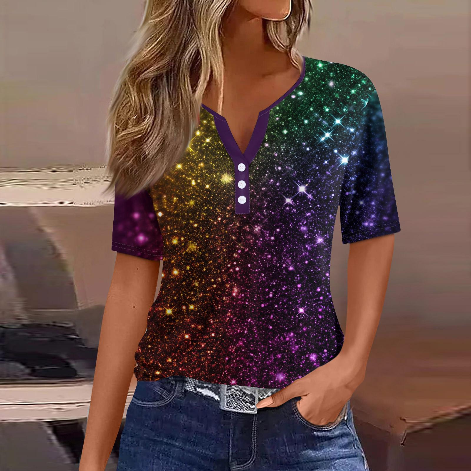 

Жіноча футболка з принтом на ґудзиках, з коротким рукавом, щоденна мода на вихідні, базовий V-подібний виріз, звичайний топ S Темно-синій