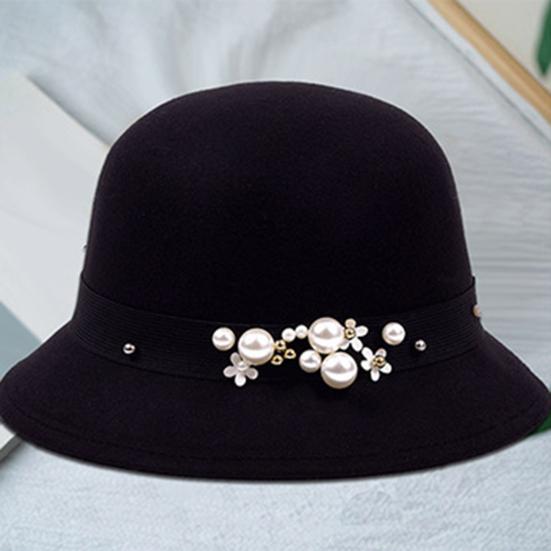 Top Hat British Style Faux Pearl Decor Down Brim Sunshading Round Top Decorate Retro Vintage Women Cloche Hat for Church
