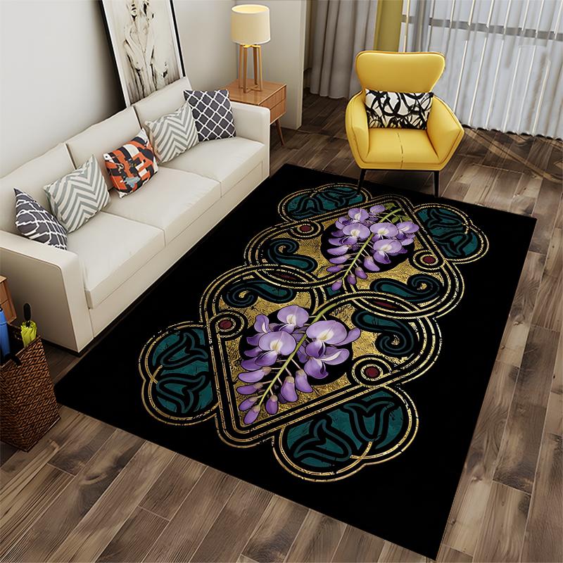 "Luxury Black Carpet with Gold Accents and Purple Floral Design" Suitable for Use As an Anti-slip for Living Room Bedroom Sofas
