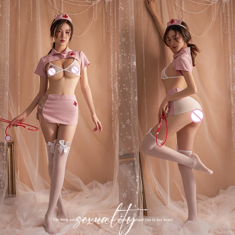 Innocent Sexy Women Nurse Costume Set Side Tie Lingerie Outfit Pure Temptation Medical Dress with G String Panties Teasing Set