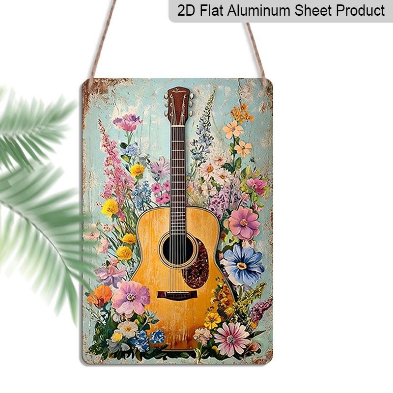 2D Flat 1pc Vintage Floral Acoustic Guitar Metal Wall Art Sign-Bohemian Style 7.87*11.8 Inch Aluminum Music-Themed Decor with Pre-Drilled Holes