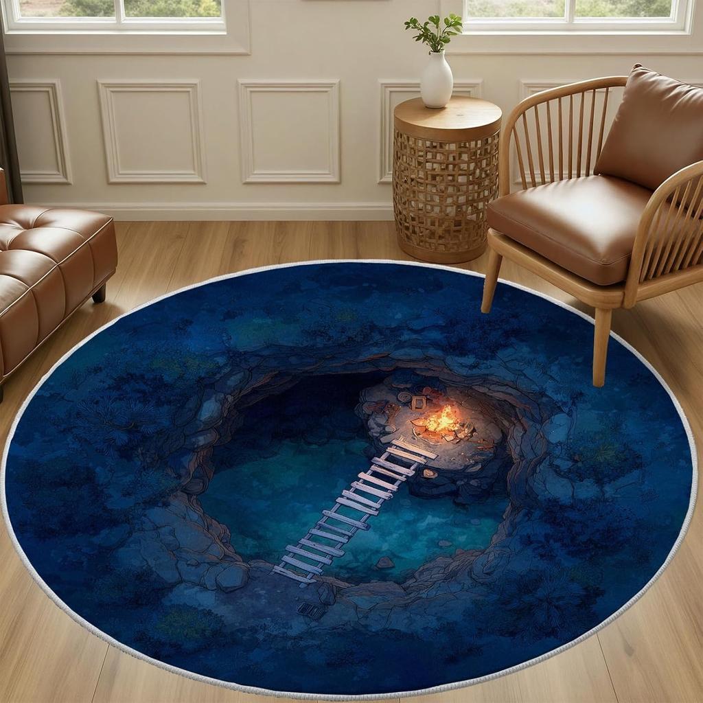 3D Optical Illusions Cave Landscape Rug Forest Mossy Wooden Ladder Print Circular Carpet Fantasy Nature Home Decor Non-Slip Ma