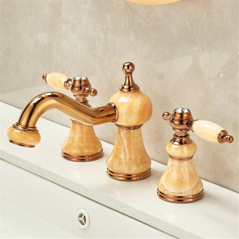 Messing Marmor Badezimmerarmatur Gold Waschtischarmatur weitverbreitet Roségold Armatur Luxus Waschtischmischer Heiß Kalt Duschraum Waschbeckenarmatur
