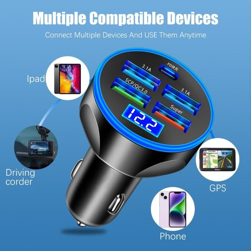 5 In1 250W Car Charging Five-hole Simultaneous Charging Adapter Type-C Car Charger with Digital Display PD QC3.0 Phone Charger