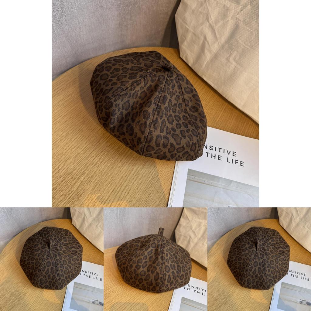 Leopard Pattern Beret Hat For Women Retro Style Breathable Winter Headwear