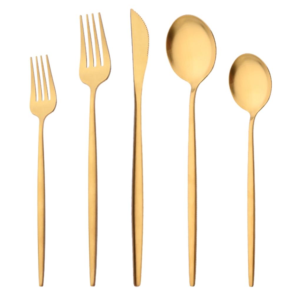 5Pcs/Set Pink Gold Tableware Stainless Steel Matte Dinnerware Cutlery Set Flatware Knife Dessert Fork Spoon Kitchen Accessories For Home