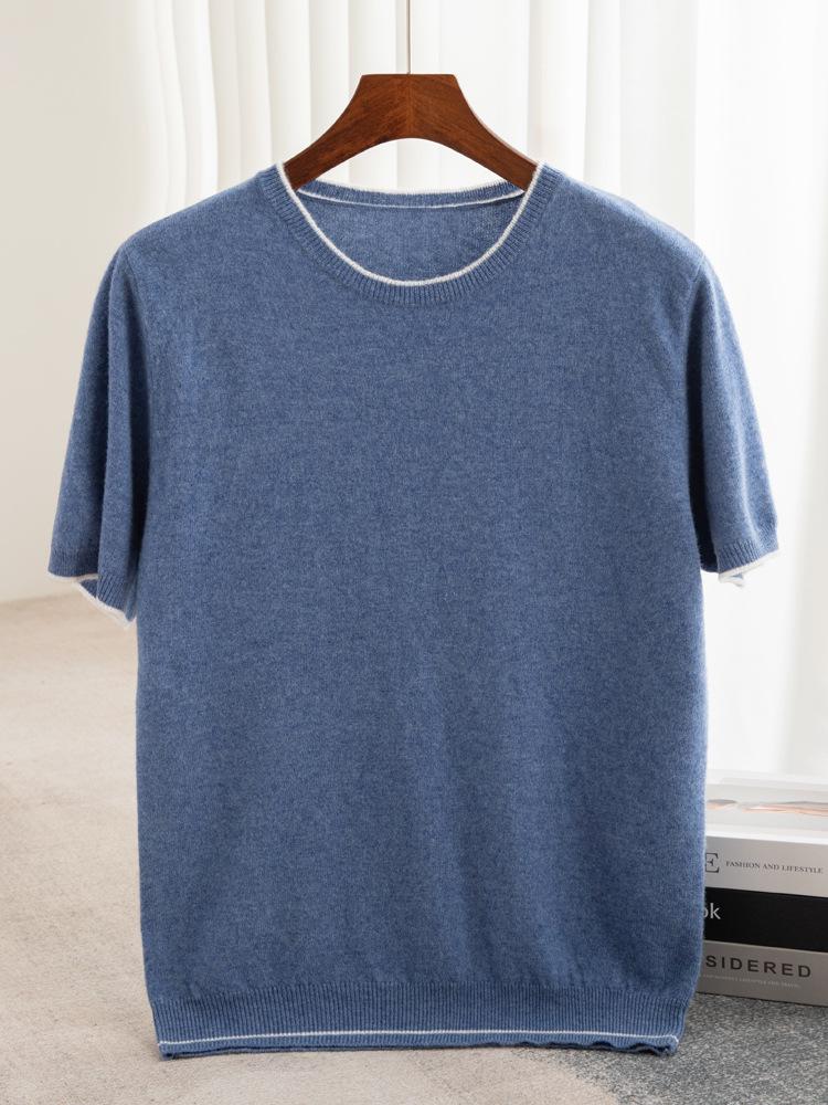 T-shirt à Manches Courtes et Col Rond Color Block 100% Laine Australienne pour Homme - Coupe Ample Décontractée, Couche de Base en Cachemire Printemps/Automne.