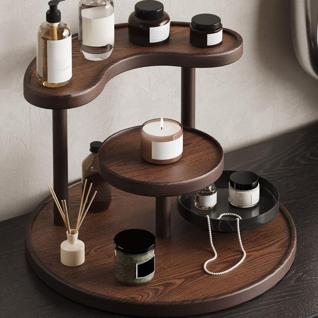 3-Tier Round Wooden Shelf Perfume Organizer Walnut Desktop Storage Rack Cosmetic Display Stand for Vanity Jewelry Skincare Cup