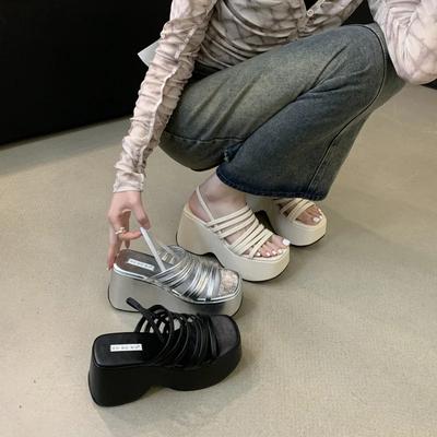 Silver Wedge Sandals Women Platform Shoes Black Belt High Heels Gladiator Chunky Heeled  Summer Wedges