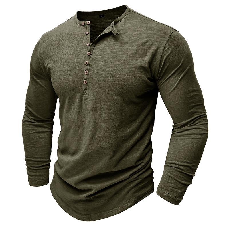 Autumn New High-End Men Cotton Button Henley Neck T-shirts Fashion Solid Color Long Sleeve T Shirt Casual Button Top Tees