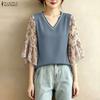 Women Casual V-Neck Print Splice 3/4 Sleeve Loose Blouse